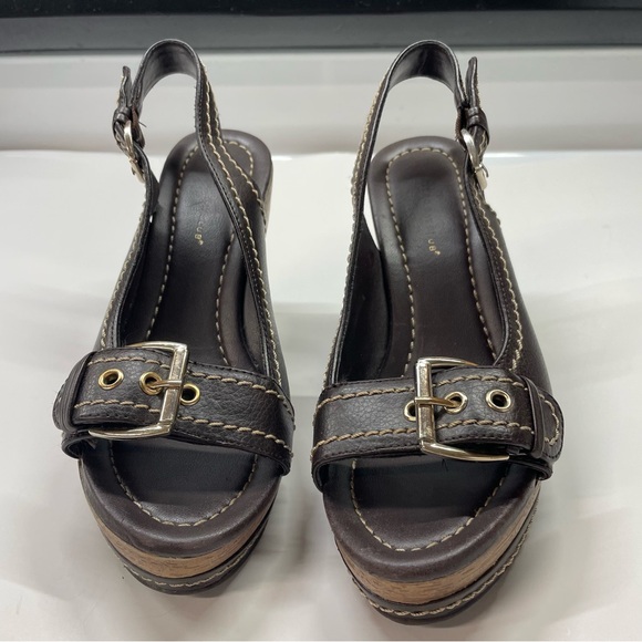 Montego Bay Club Shoes - Women’s Montego Bay Club Brown Leather Buckle Sandals Open Toe Wedge Sandals